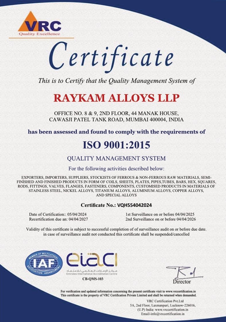 Raykam Alloys LLP ISO 9001:2015 Certificate